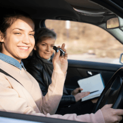 Learner driver in car during intensive driving lesson